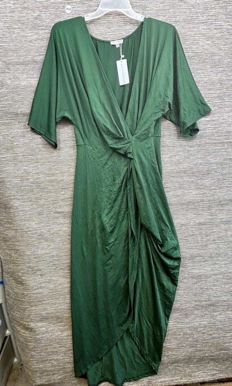 Baltic Born Solana Ruched Wrap Dress Womens 2X Green Satin Maxi Kimono Sleeve